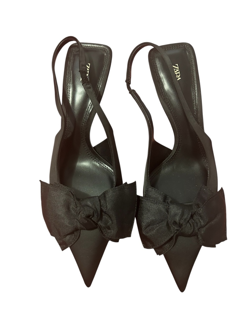 Zara Black Bow Pointed-Toe Slingback Heels Satin NWOT